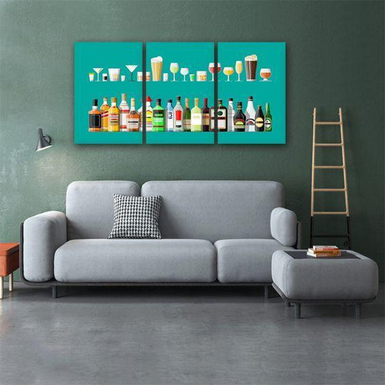 Liquor Glass And Bottle 3 Panels Canvas Wall Art Living Room