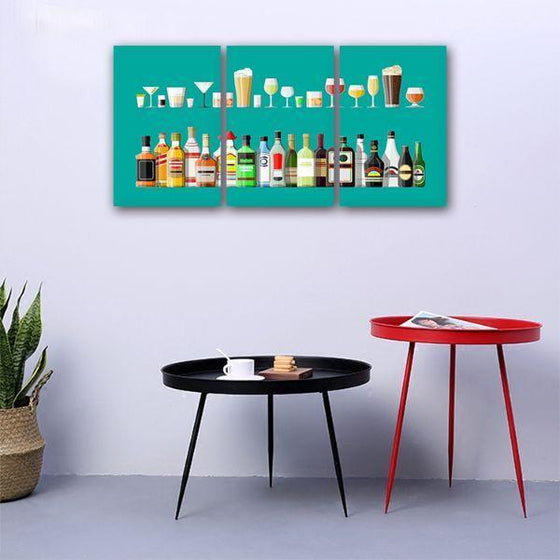 Liquor Glass And Bottle 3 Panels Canvas Wall Art Set