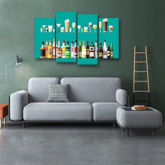 Liquor Glass And Bottle 4 Panels Canvas Wall Art Bed Room