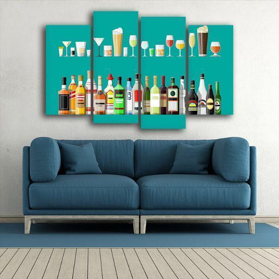 Liquor Glass And Bottle 4 Panels Canvas Wall Art Print