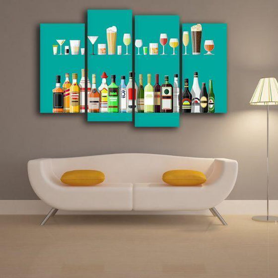 Liquor Glass And Bottle 4 Panels Canvas Wall Art Set