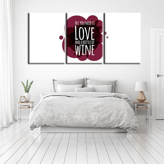 Love & Bottle Of Wine Quote 3-Panel Canvas Wall Art Decor