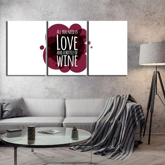 Love & Bottle Of Wine Quote 3-Panel Canvas Wall Art Print