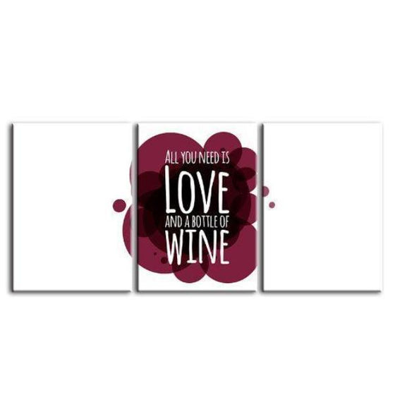 Love & Bottle Of Wine Quote 3-Panel Canvas Wall Art