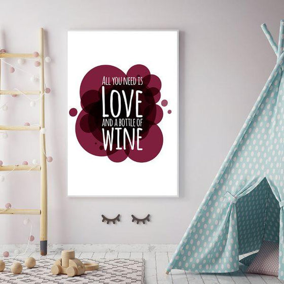 Love & Bottle Of Wine Quote Canvas Wall Art Living Room