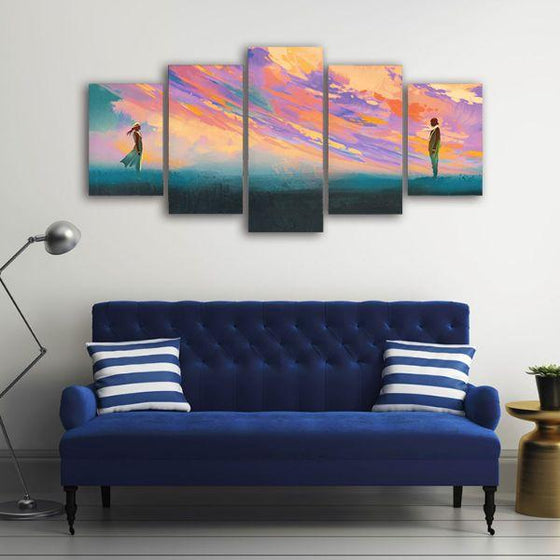 Lovers And A Colorful Sky 5 Panels Canvas Wall Art Decor