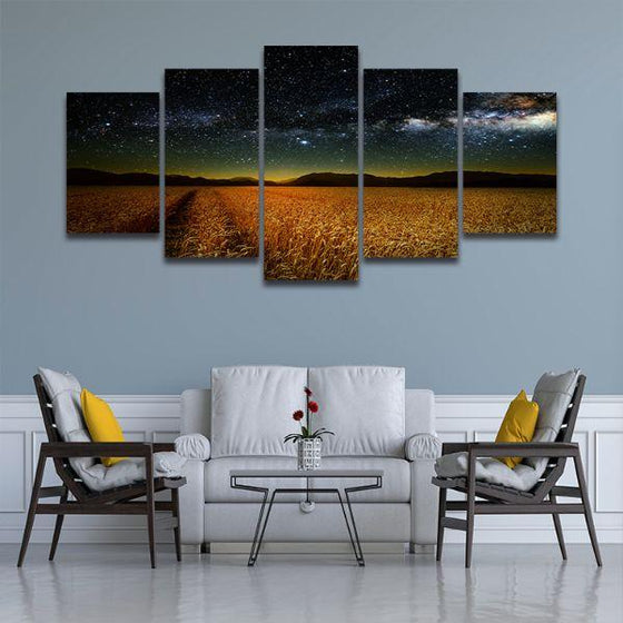 Meadow Under Starry Sky 5 Panels Canvas Wall Art Living Room