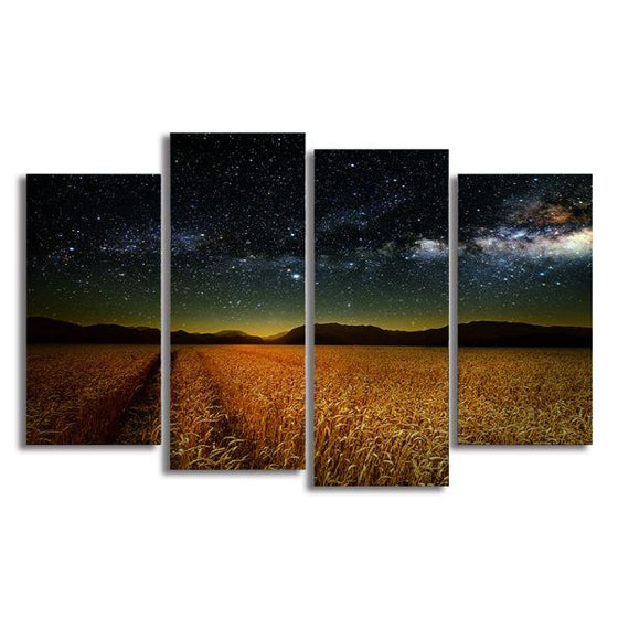 Meadow Under Starry Sky 4 Panels Canvas Wall Art