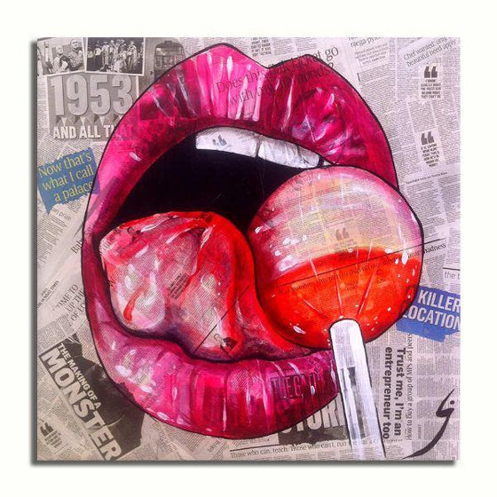 Mouth Licking Lollipop Canvas Wall Art