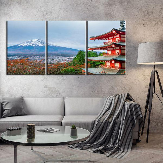Mt. Fuji & Chureito Pagoda 3-Panel Canvas Wall Art Living Room