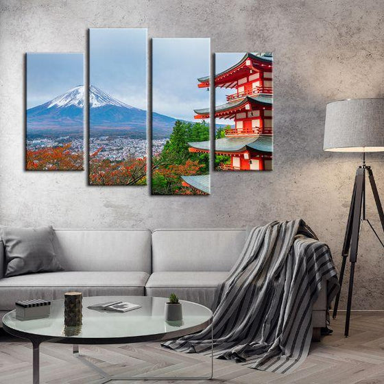 Mt. Fuji & Chureito Pagoda 4-Panel Canvas Wall Art Living Room