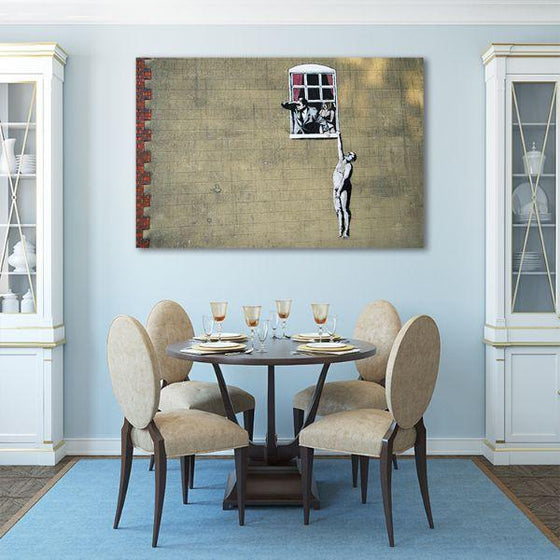 Naked Man Hanging By Banksy Canvas Wall Art Dining Room