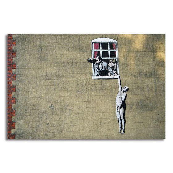 Naked Man Hanging By Banksy Canvas Wall Art