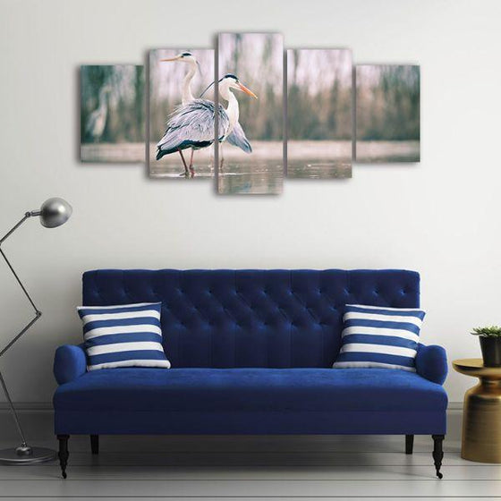 Pair of Blue Herons 5 Panels Canvas Wall Art Office