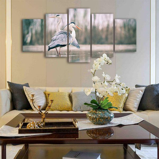 Pair of Blue Herons 5 Panels Canvas Wall Art Living Room