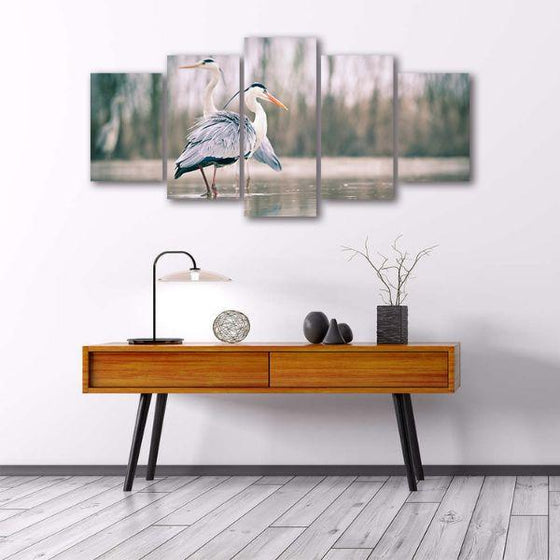 Pair of Blue Herons 5 Panels Canvas Wall Art Bedroom