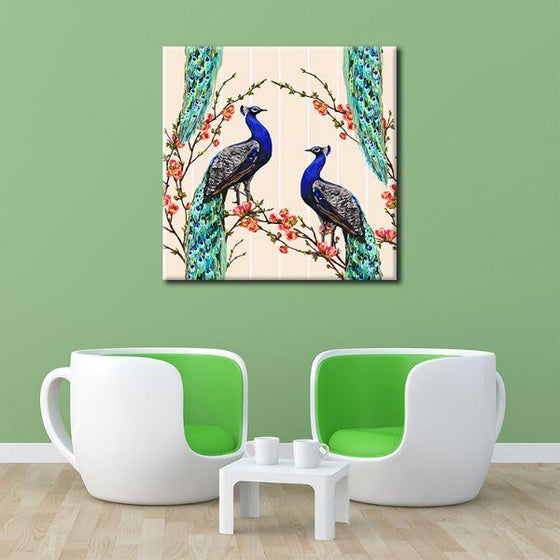 Pair Of Peacock & Flowers Canvas Wall Art Decor