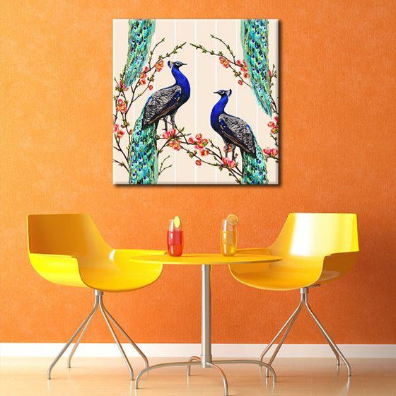 Pair Of Peacock & Flowers Canvas Wall Art Dining Room