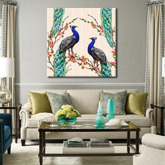 Pair Of Peacock & Flowers Canvas Wall Art Living Room
