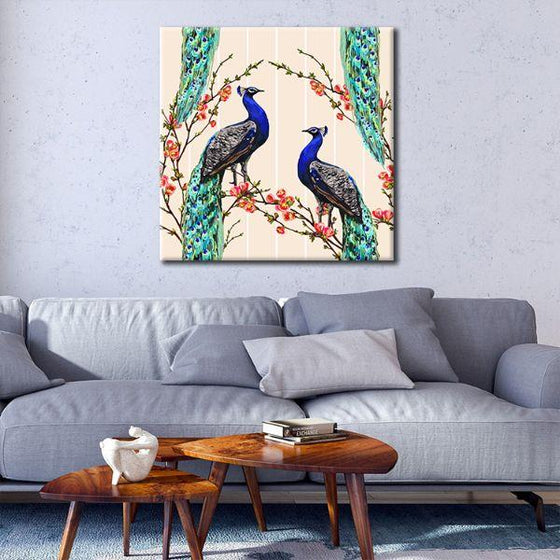 Pair Of Peacock & Flowers Canvas Wall Art Print