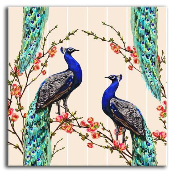 Pair Of Peacock & Flowers Canvas Wall Art