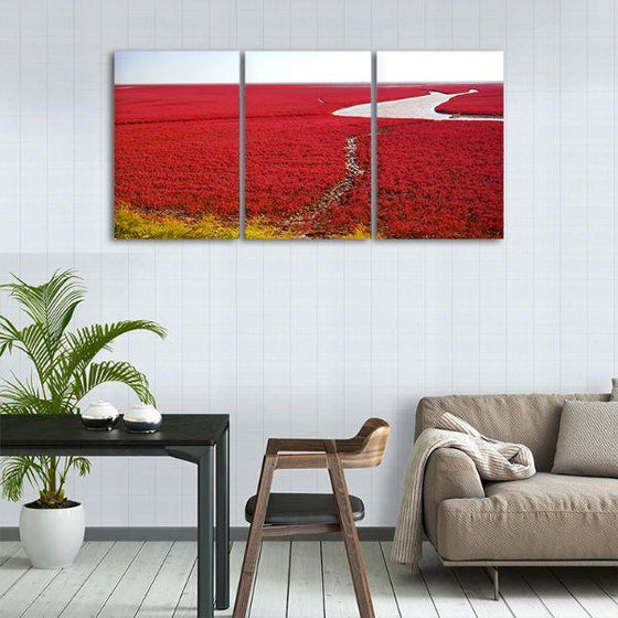 Panjin Red Beach 3 Panels Canvas Wall Art Dining Room