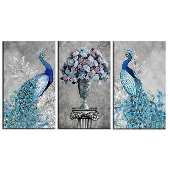 Peacock Couple Facing Flowers Canvas Wall Art