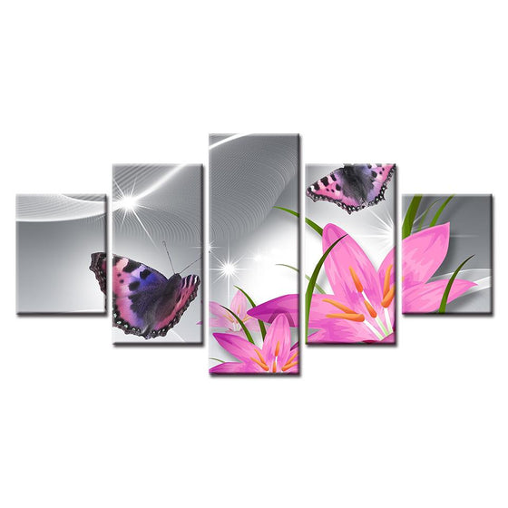 Pink Flowers With Butterflies Canvas Wall Art Prints