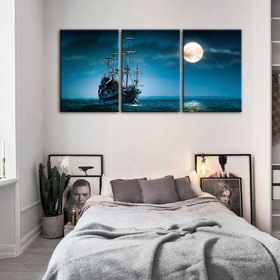 Pirate Ship & Full Moon 3 Panels Canvas Wall Art Bedroom