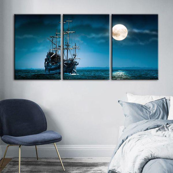 Pirate Ship & Full Moon 3 Panels Canvas Wall Art Decor