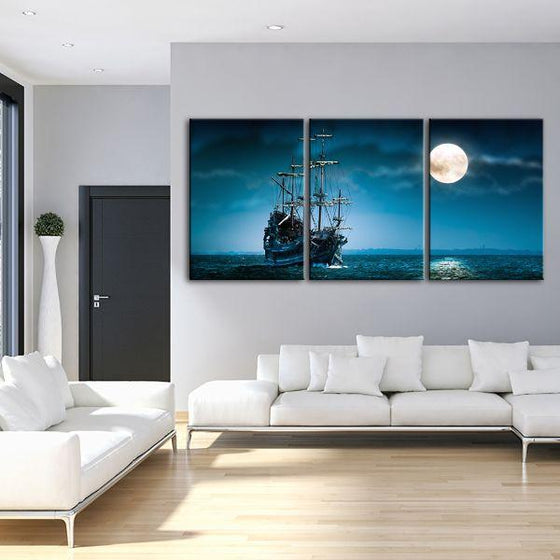 Pirate Ship & Full Moon 3 Panels Canvas Wall Art Living Room