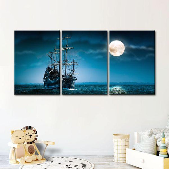 Pirate Ship & Full Moon 3 Panels Canvas Wall Art Set