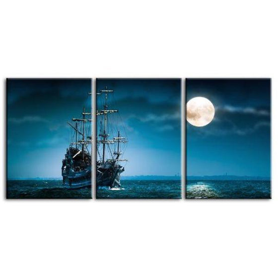 Pirate Ship & Full Moon 3 Panels Canvas Wall Art