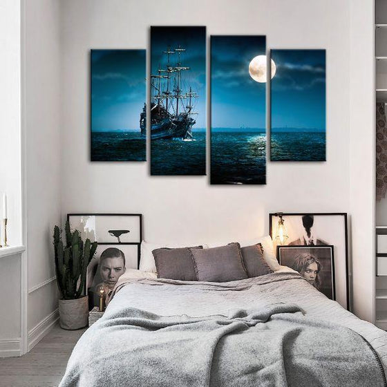 Pirate Ship & Full Moon 4 Panels Canvas Wall Art Bedroom