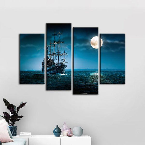 Pirate Ship & Full Moon 4 Panels Canvas Wall Art Decor