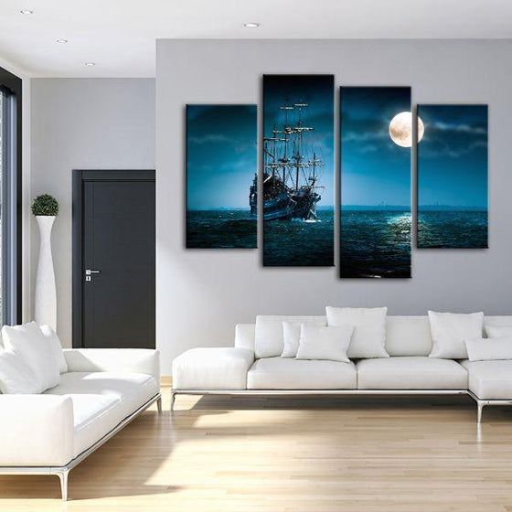 Pirate Ship & Full Moon 4 Panels Canvas Wall Art Living Room