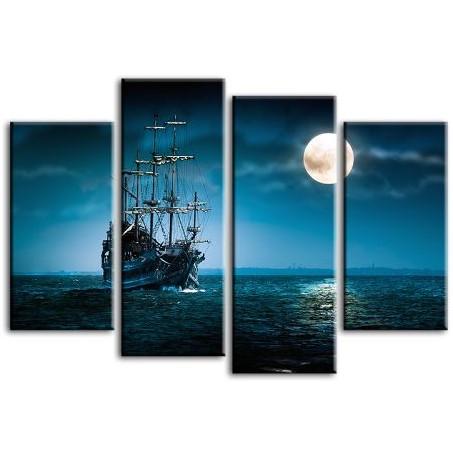 Pirate Ship & Full Moon 4 Panels Canvas Wall Art