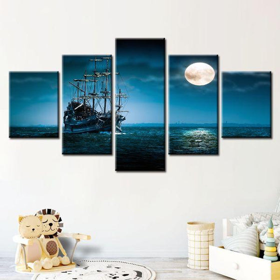 Pirate Ship & Full Moon 5 Panels Canvas Wall Art Decor