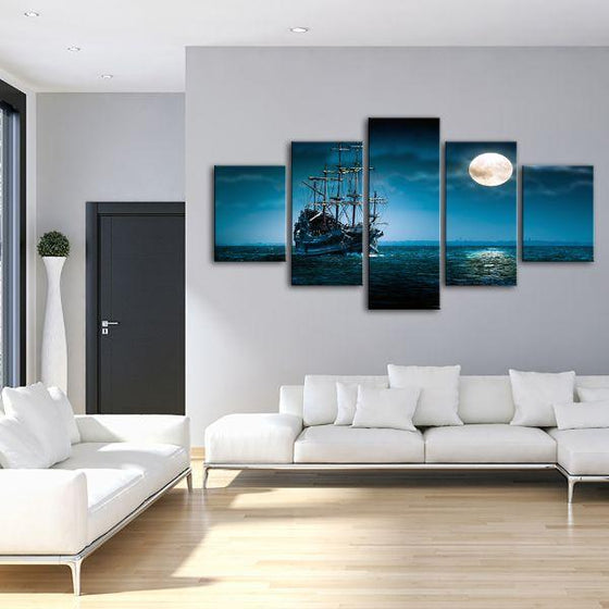 Pirate Ship & Full Moon 5 Panels Canvas Wall Art Living Room