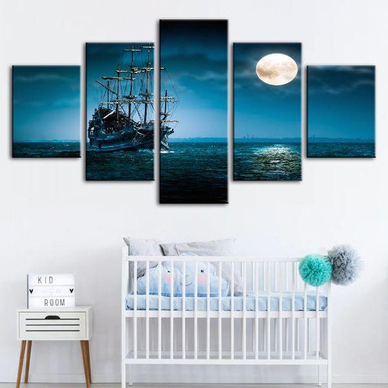 Pirate Ship & Full Moon 5 Panels Canvas Wall Art Nursery
