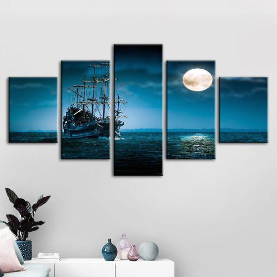Pirate Ship & Full Moon 5 Panels Canvas Wall Art Set