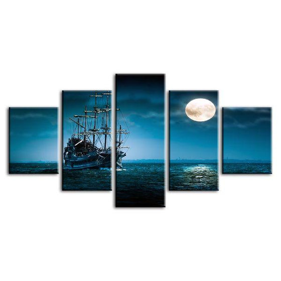Pirate Ship & Full Moon 5 Panels Canvas Wall Art