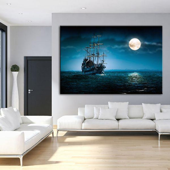 Pirate Ship & Full Moon Canvas Wall Art Living Room