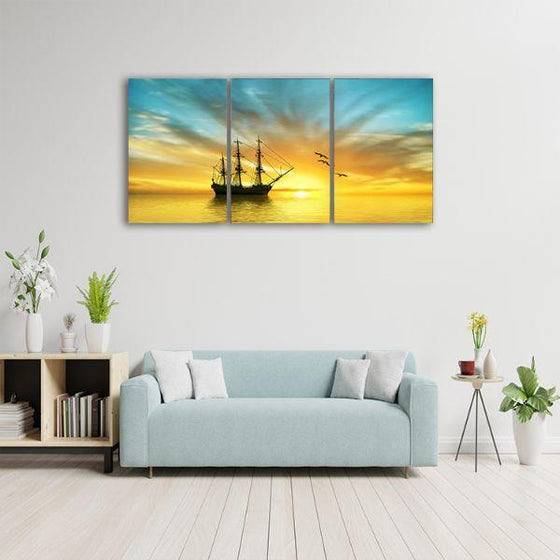 Pirate Ship And Sunrise 3 Panels Canvas Wall Art Decor