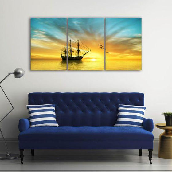 Pirate Ship And Sunrise 3 Panels Canvas Wall Art Office