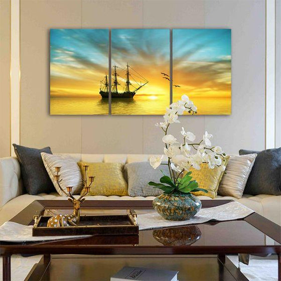 Pirate Ship And Sunrise 3 Panels Canvas Wall Art Living Room