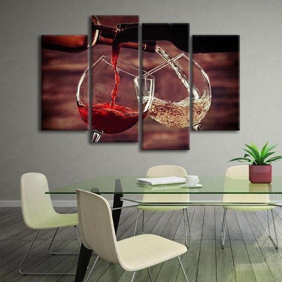 Pouring Red & White Wine 4 Panels Canvas Wall Art Decor