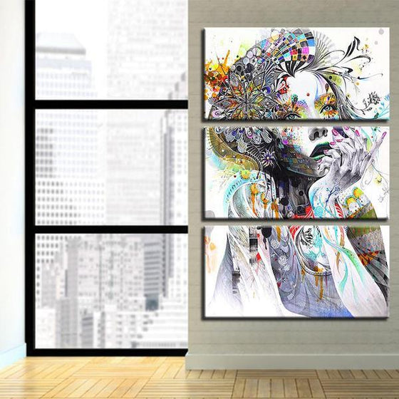 Psychedelic Girl With Flower 3 Panels Canvas Wall Art Living Room