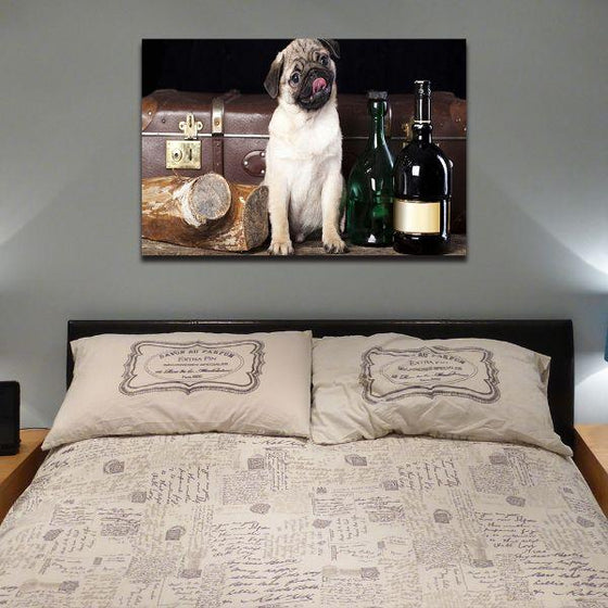 Pug With Wine Bottles Canvas Wall Art Bedroom