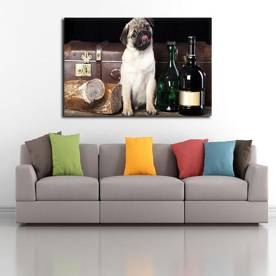 Pug With Wine Bottles Canvas Wall Art Decor